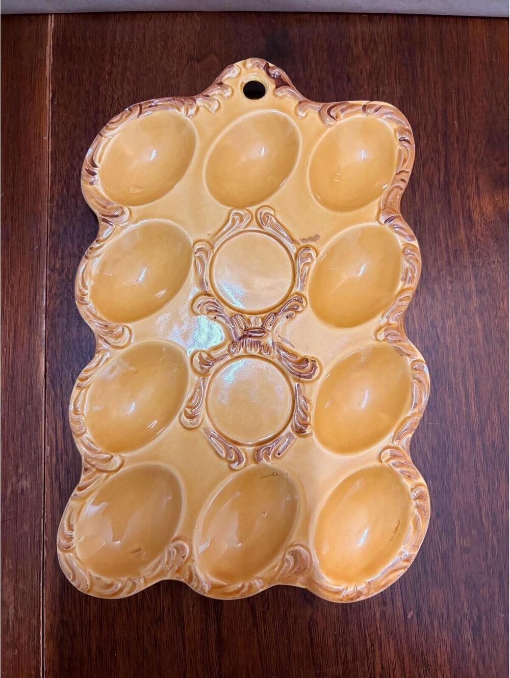 Vintage Japanese Deviled Egg Platter Mustard Yellow Ceramic Tray Wall Hanging